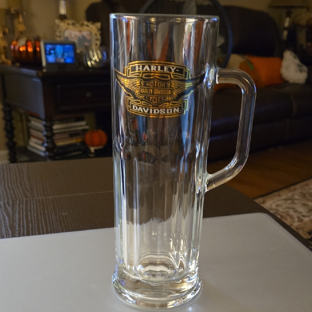 Harley-Davidson Clear Heavy Glass Beer Stein Mug Black Gold Logo 9" Tall EUC